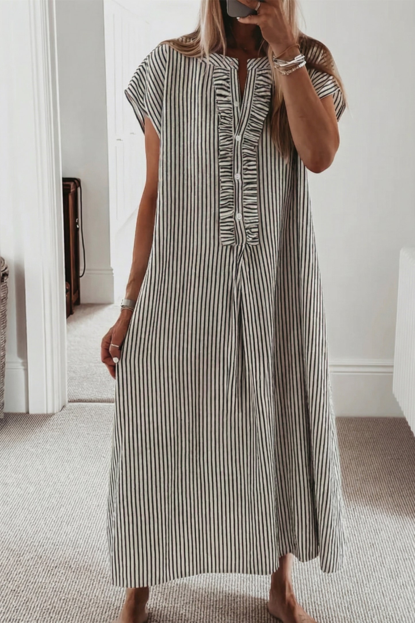 Red Stripe Frilled Detail Half Buttons Short Sleeve Long Dress