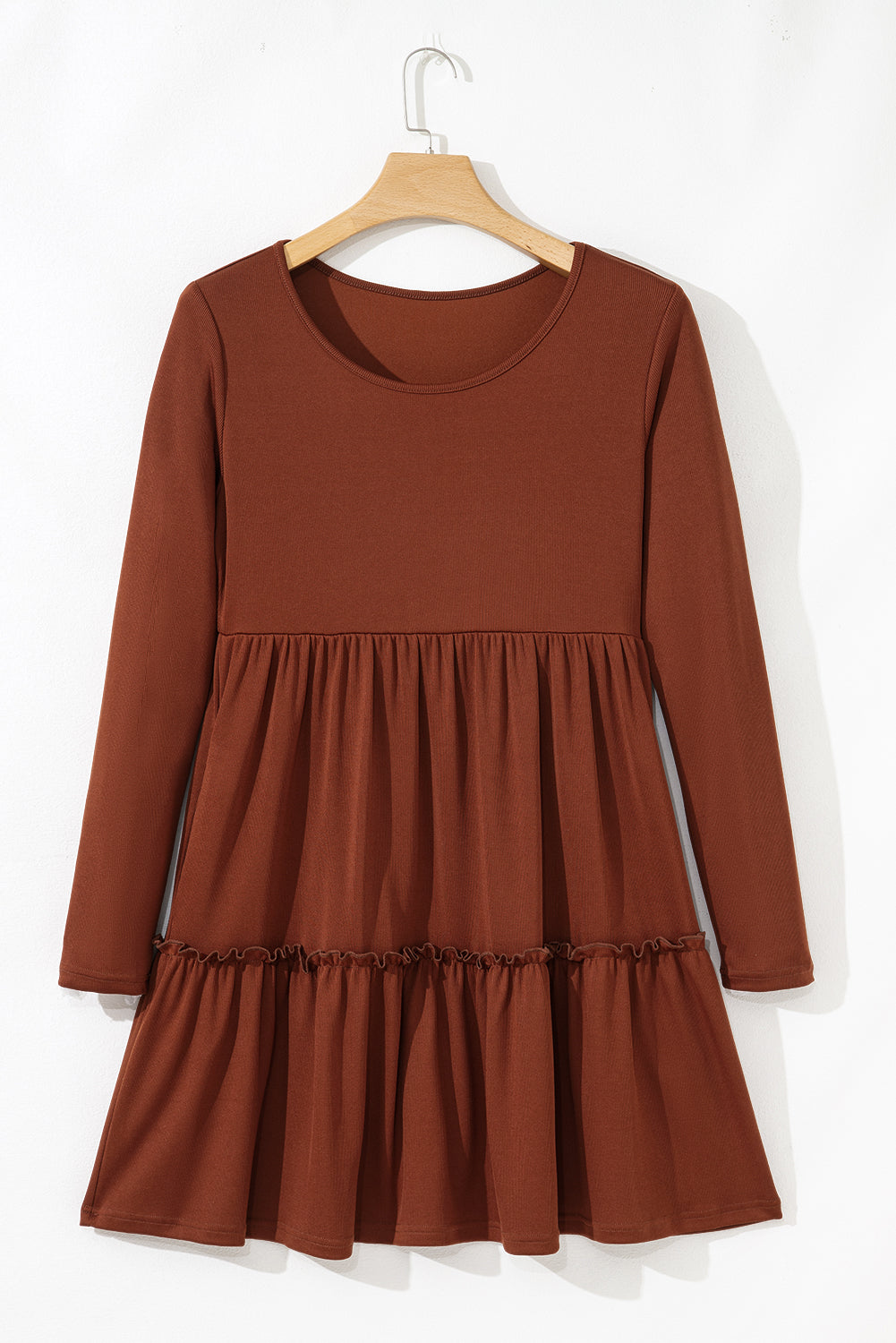 Straw Yellow Ribbed Frilled Trim High Waist Long Sleeve Mini Dress