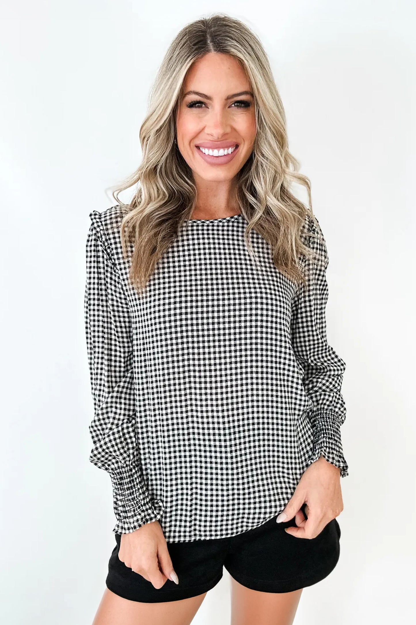 Black Plaid Shirred Cuff Long Sleeve Round Neck Blouse