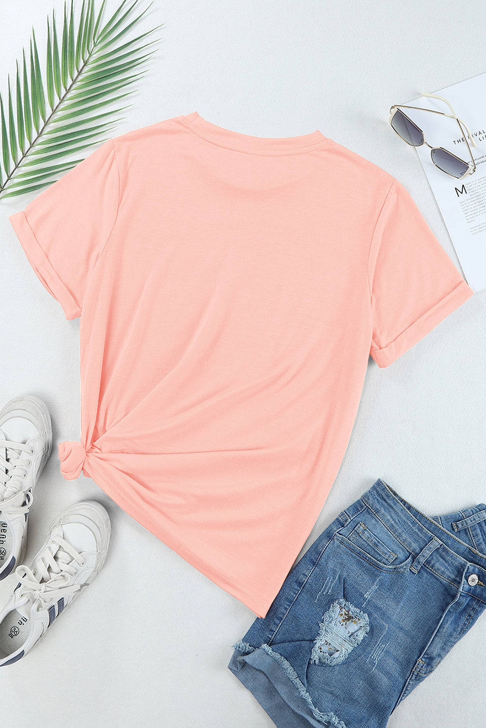 Sachet Pink Solid Color Basic Crew Neck Plain Tee