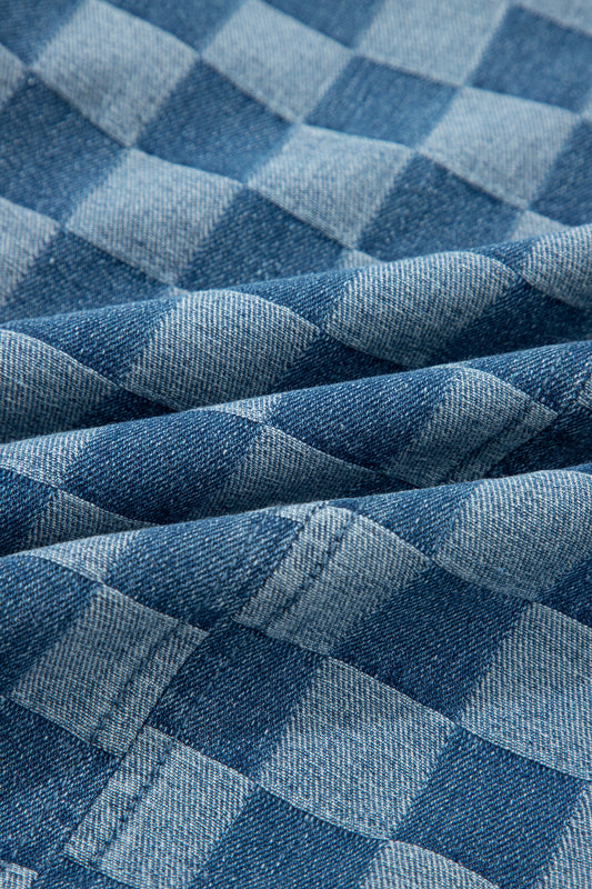 Sky Blue Frayed Hem Checkered Denim Mini Dress