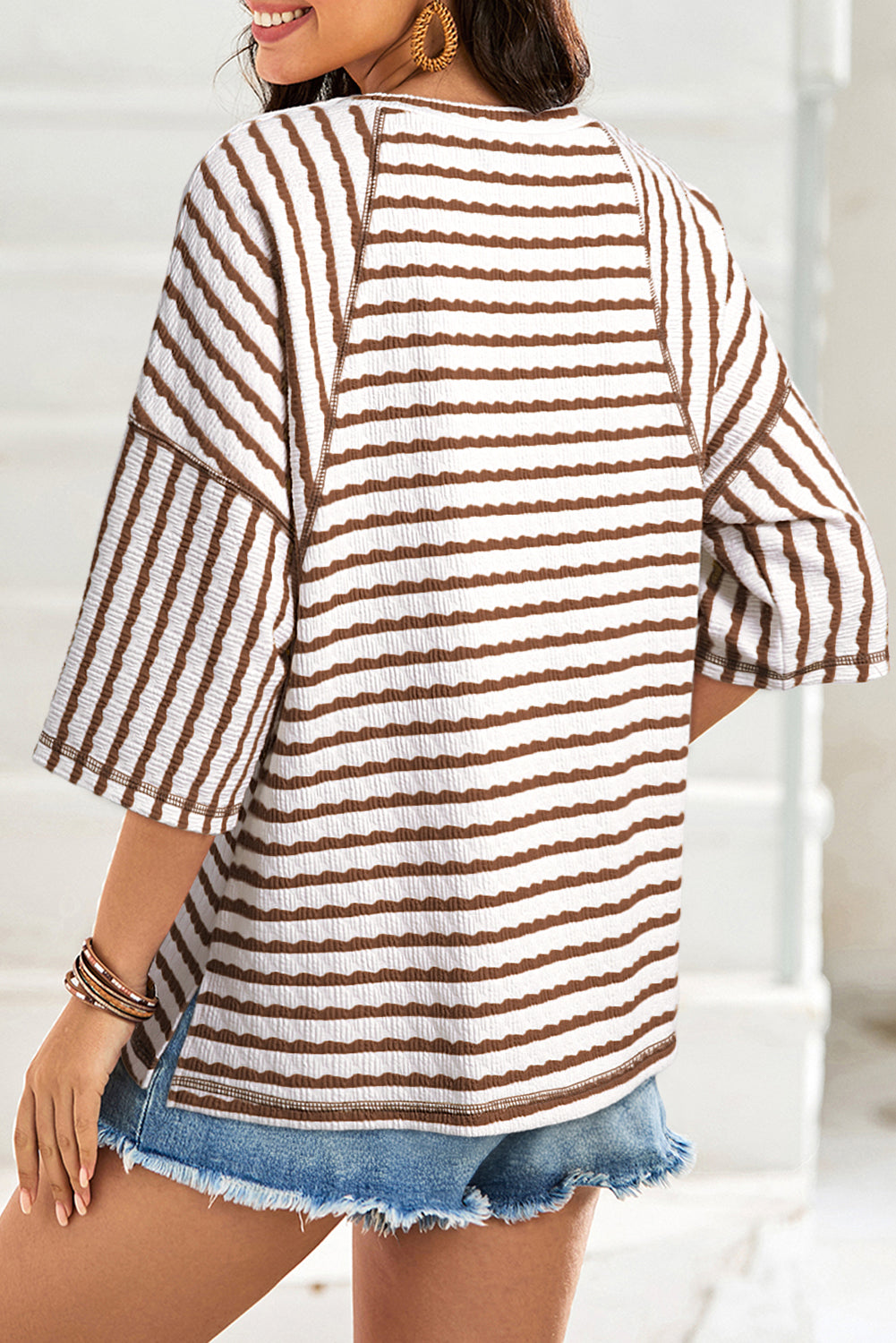 Blue Stripe Textured Knit Split Hem Half Sleeve Loose Top