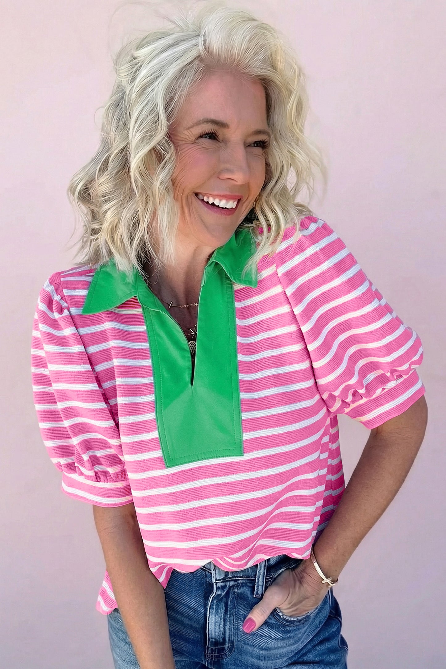 Blue Stripe Short Puff Sleeve Color Block Polo Collar Blouse
