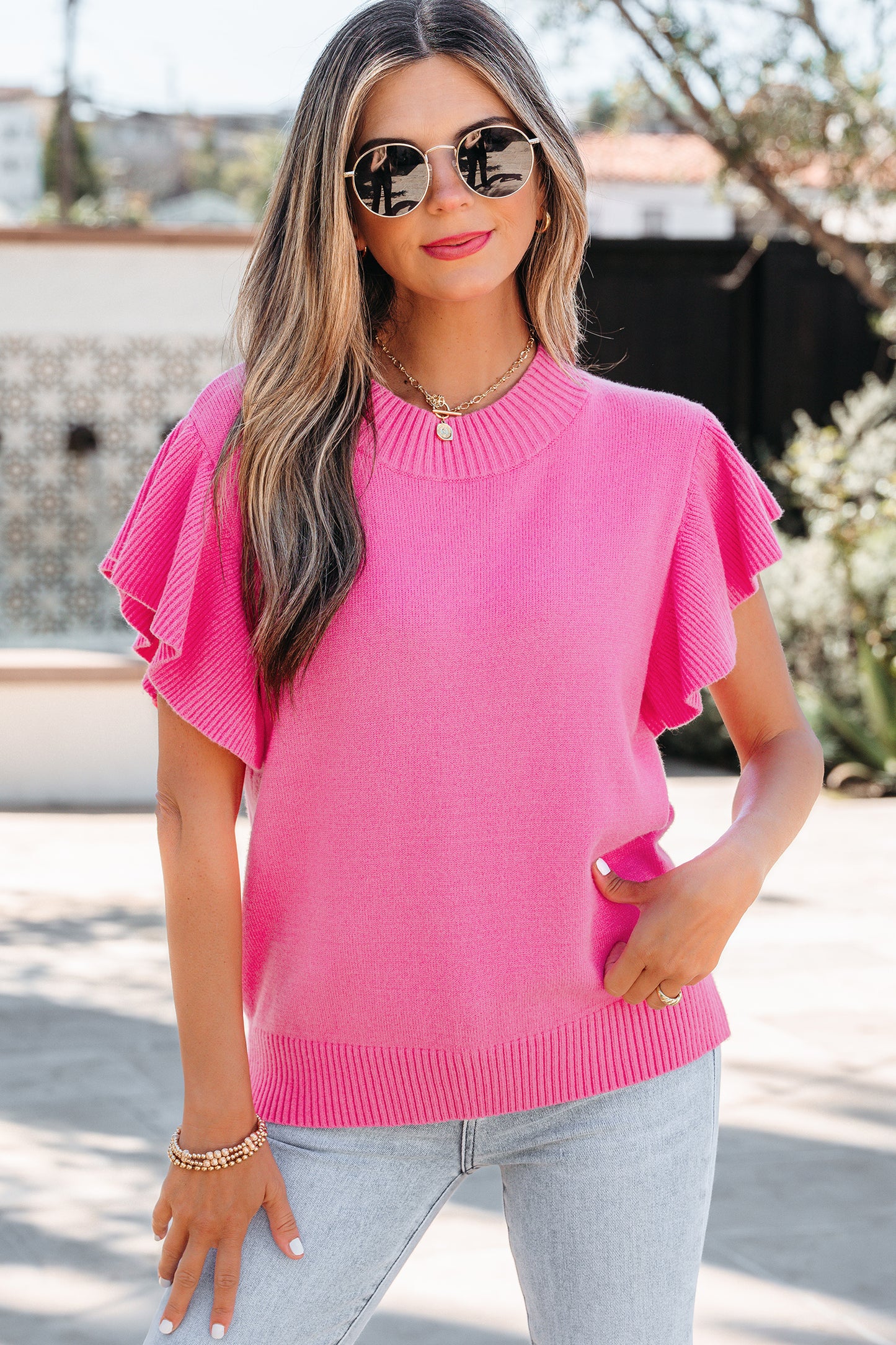 Sachet Pink Solid Color Ribbed Trim Round Neck Ruffle Short Sleeve Sweater