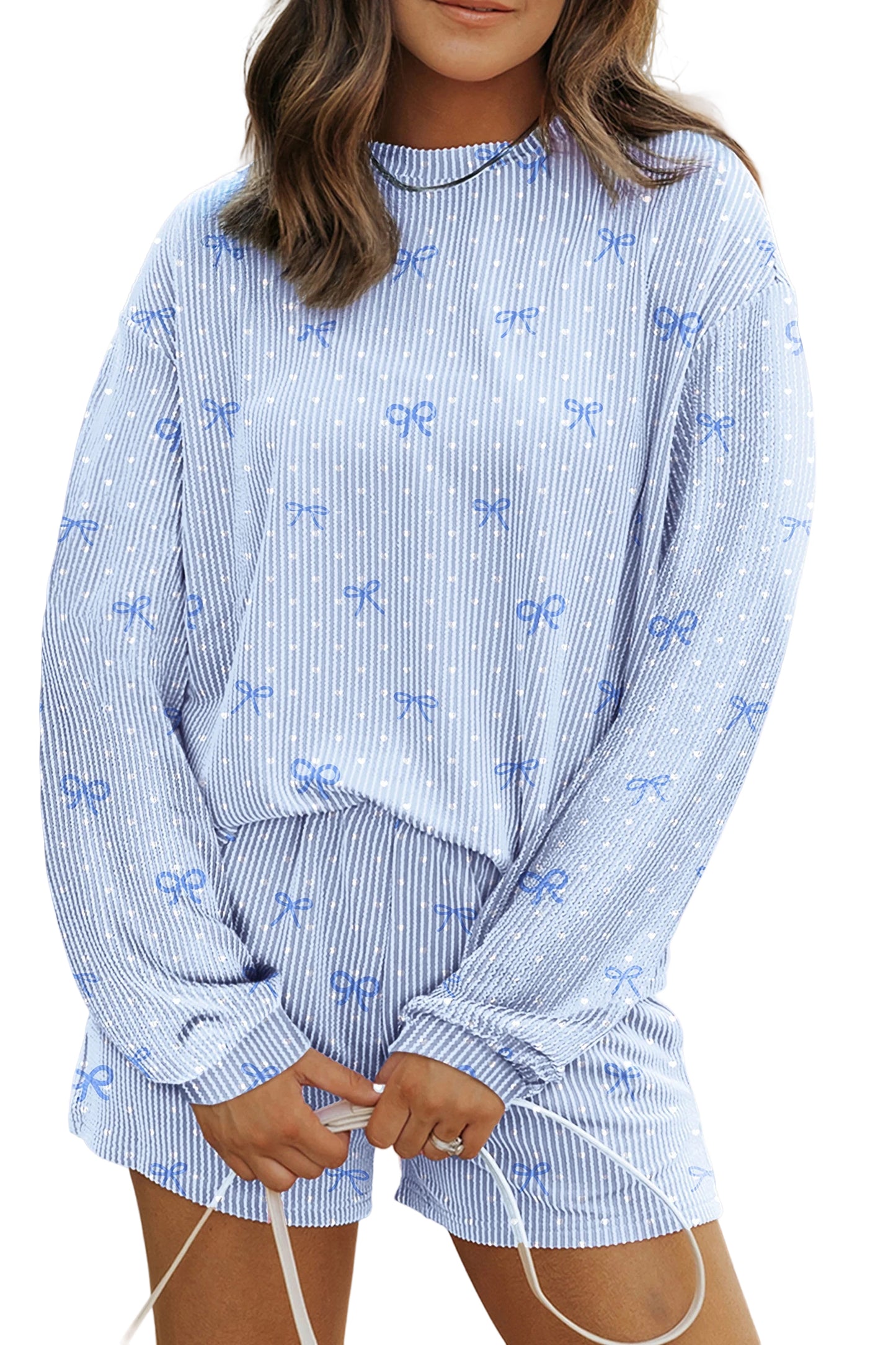 Sky Blue Valentines Bow Print Twisted Rib Loose Long Sleeve Top 2pcs Short Set