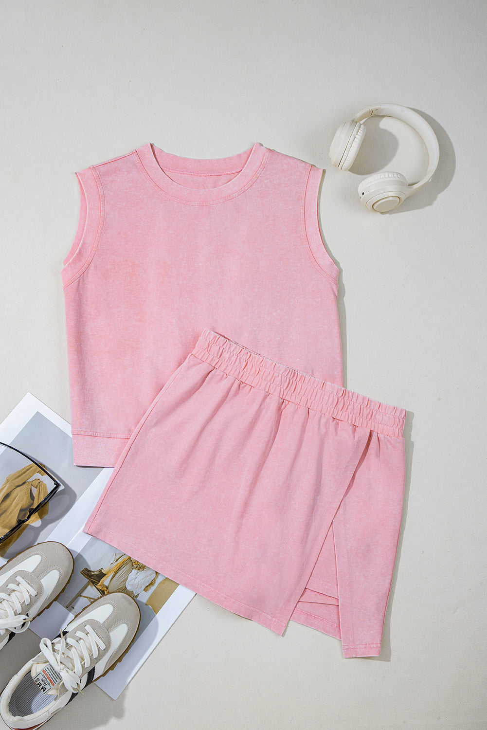 Yellow Cream 2 Pieces Mineral Wash Cotton Tank Top Lined Split Skort Set
