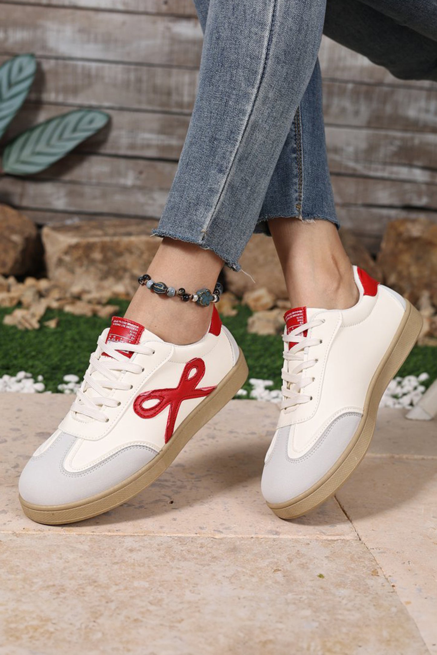Fiery Red Cute Bow Patch Color Block PU Leather Sneakers