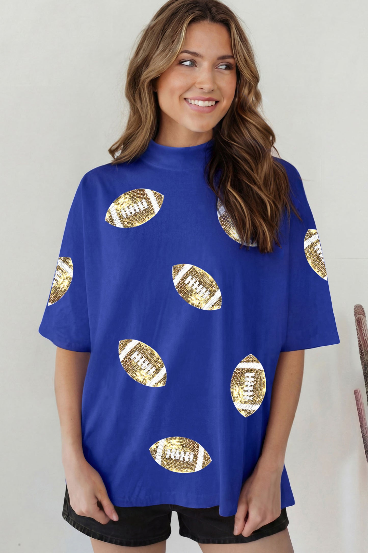 Dark Blue Sequin Rugby Pattern High Neck Game Day Shift T-Shirt