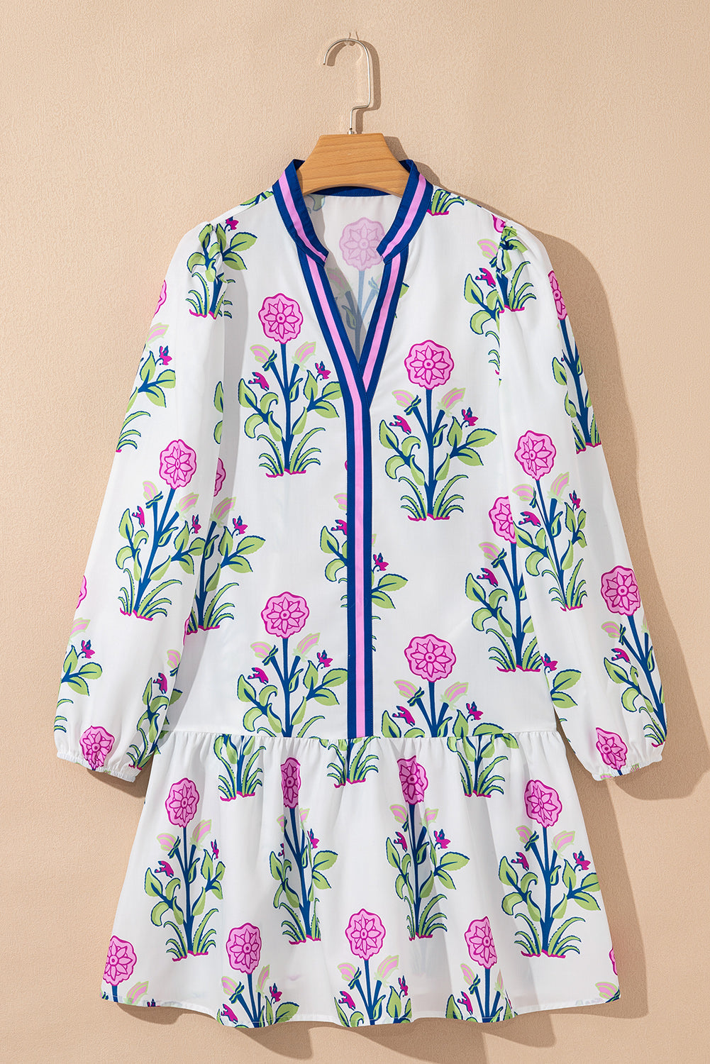 White Floral Print Pop of Color V Neck Mini Dress