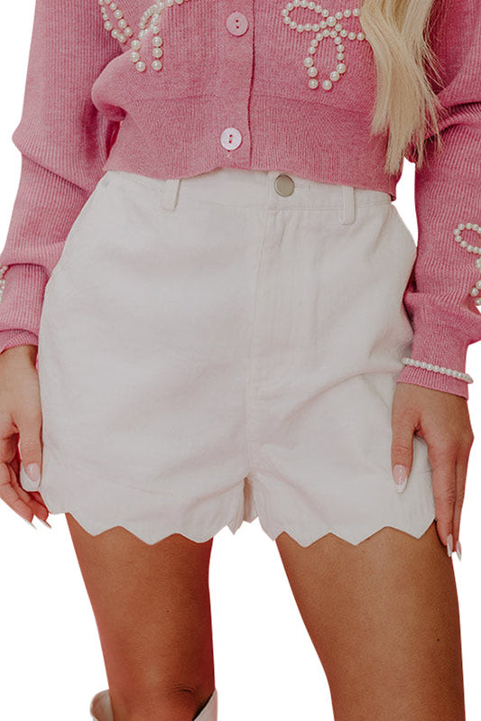 White Scalloped Hemline Light Wash Denim Shorts