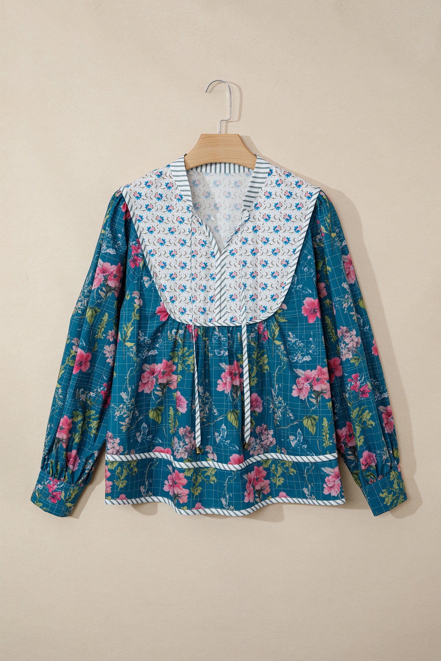 Sky Blue Floral Print Contrast Yoke Patchwork Striped Trim Long Puff Sleeve Blouse