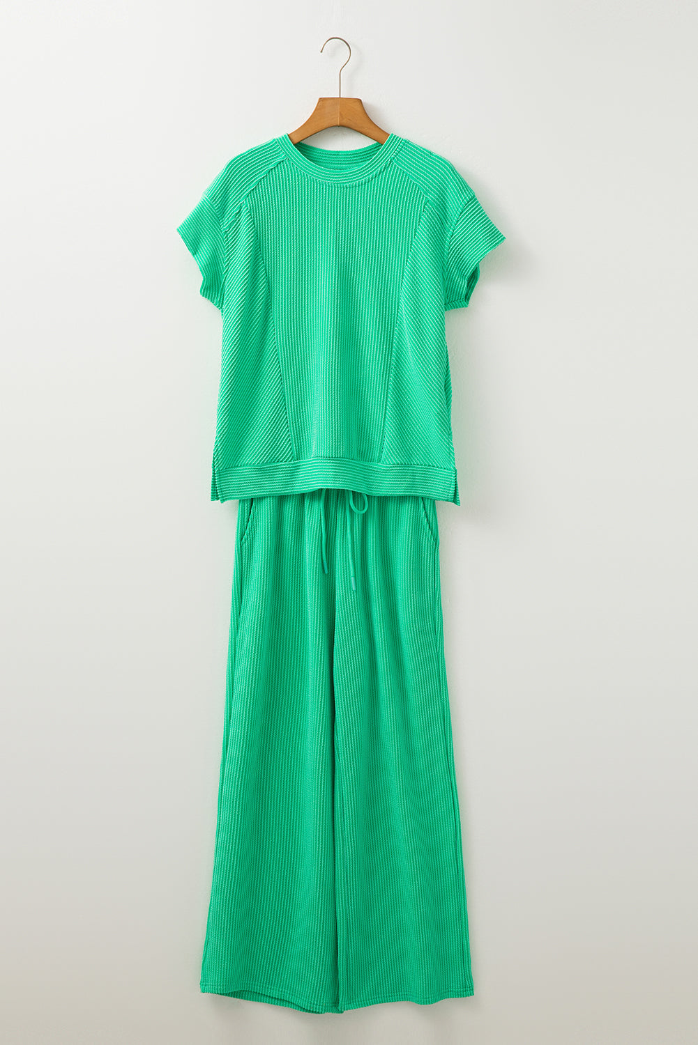 Bright Green Solid Corded T Shirt and Wide Leg Pants Set