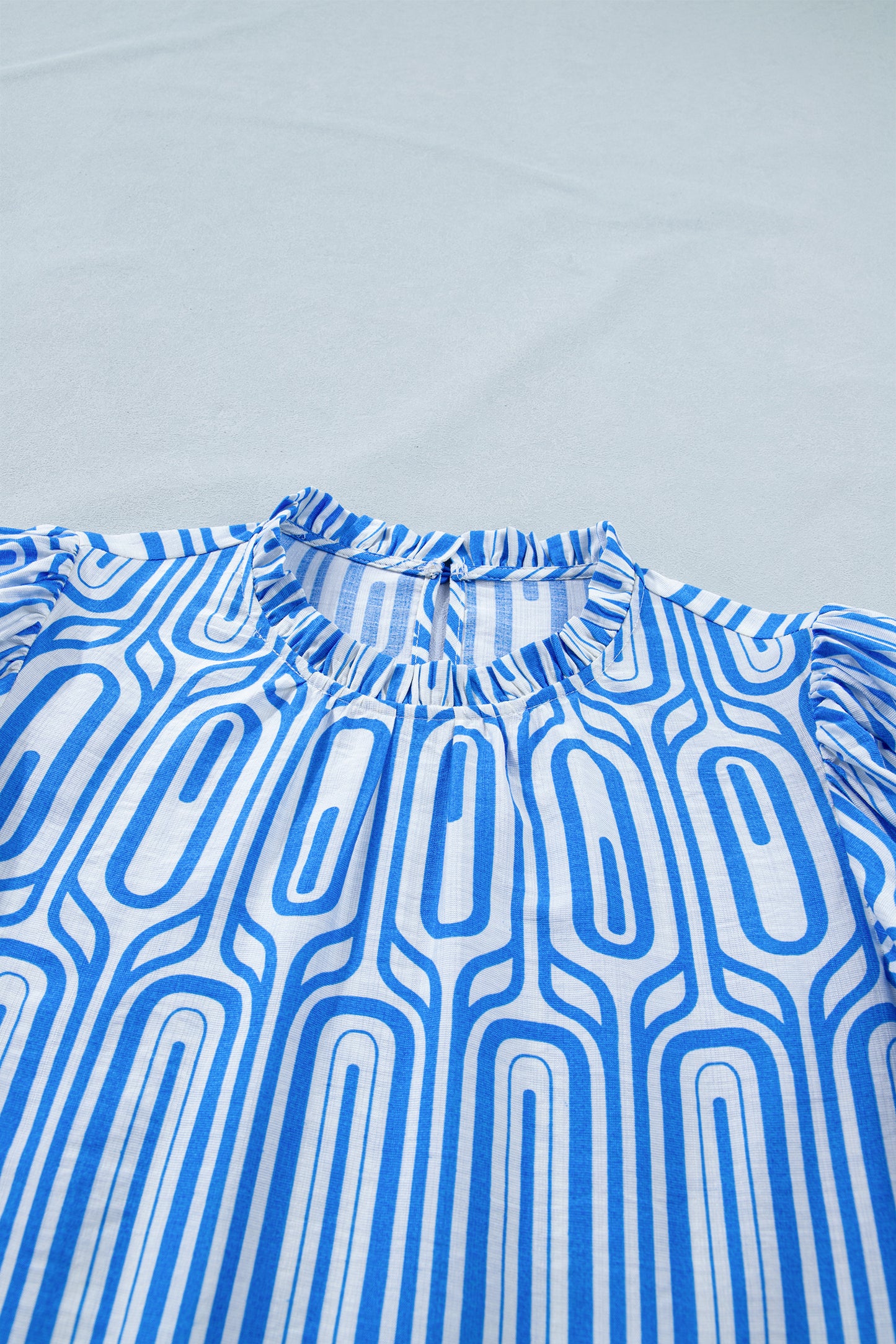 Sky Blue Unique Geometry Print Floral Embroidered Puff Sleeve Blouse